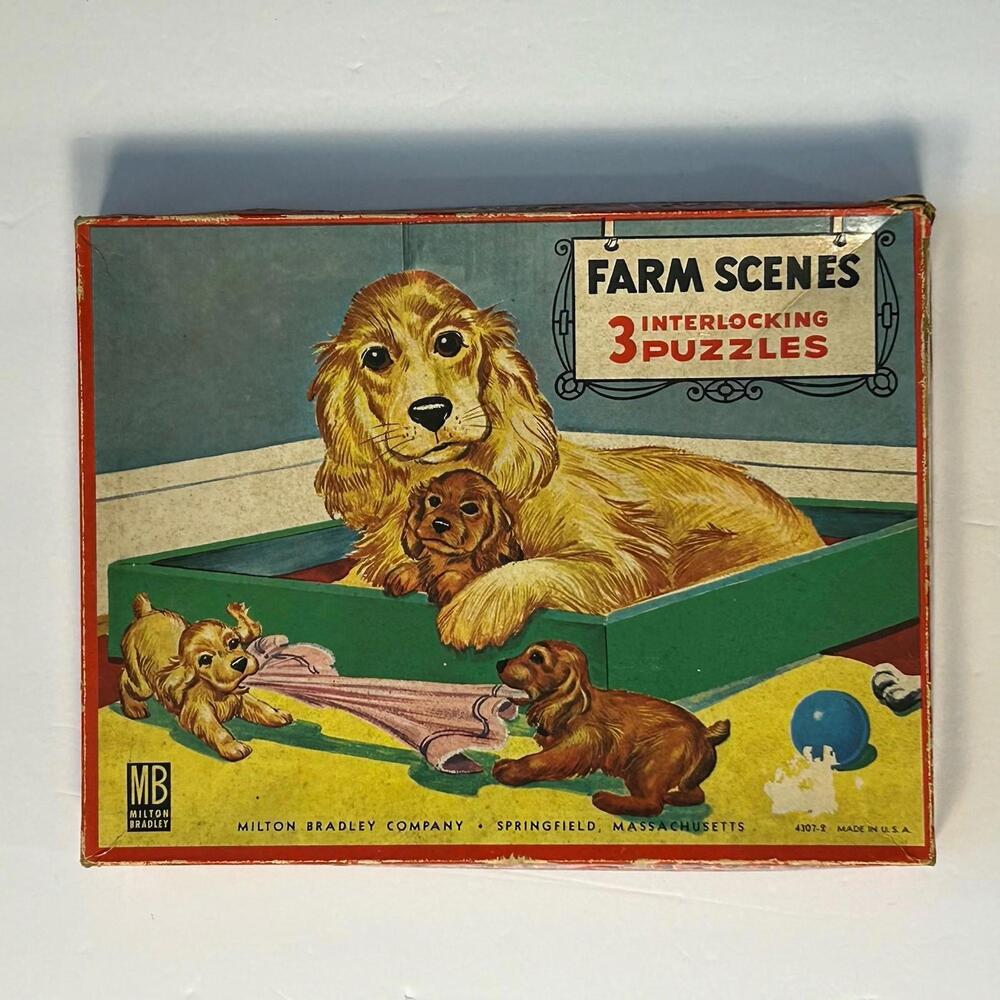 Vintage Milton Bradley 3 Interlocking Puzzles Farm Scenes Dogs Puppies Complete